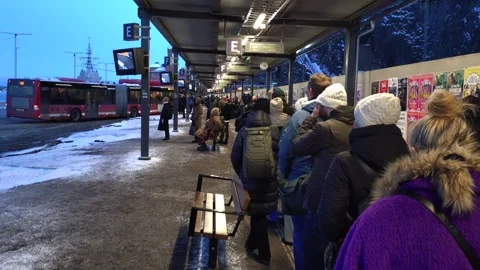 Swedish people queue respectfully at a bus stop in winter, waiting in orderly Stock Footage 338187212