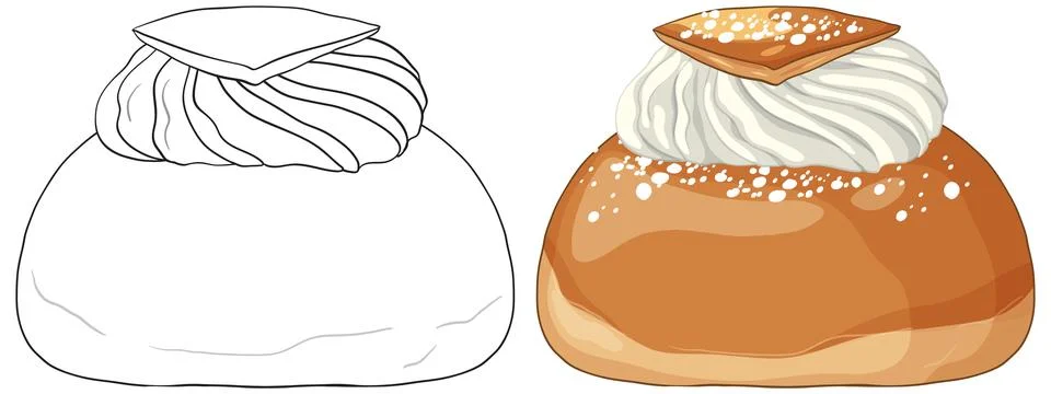Swedish Semla Bun Vector Illustration in Color and Line Art 库存插图