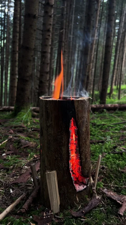 Swedish torch. Fire burning stub on plate for rest or to cook food chill mood Stock Footage 323770797