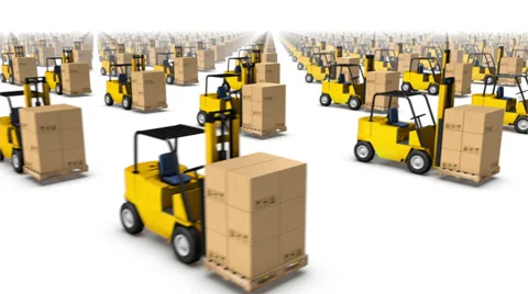 Sweeping across endless Forklifts with Boxes side  Stock Footage 33910506