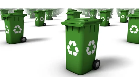 Sweeping across endless Recycle Bins front (Green) Stock Footage 33401678