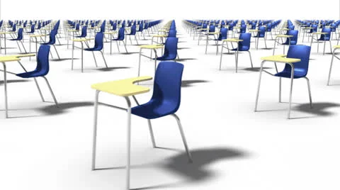 Sweeping across endless School Chairs front (blue) Stock Footage 26730127