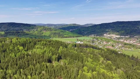 Sweeping aerial view gliding over dense mixed forest toward small hillside town, Stock Footage 342359276
