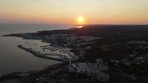 Sweeping aerial view of Sunset Santa Maria Leuca, Southern, Italy Stock Footage 280996366