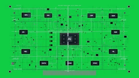 Sweeping bar revealing AI chip routing traces to modules, unveiling PCB on clear Stock Footage 337173216