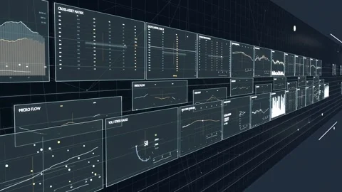 Sweeping camera moving right along data wall on playback, showcasing tiled Video stock 337505043