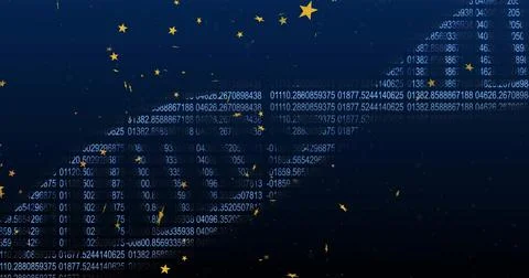 Sweeping central numeric ribbon curving across navy gradient, dotted with gold Stock Illustration