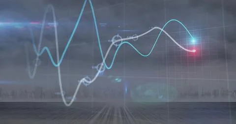 Sweeping cyan and white graph lines moving across virtual HUD, with node markers Stock Photos