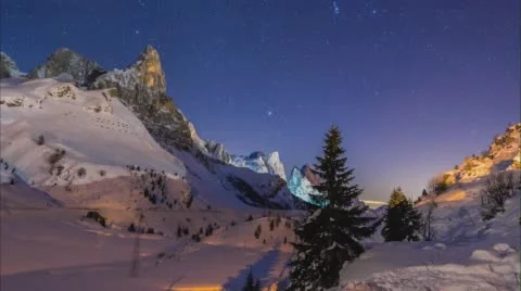 Sweeping day-to-night time lapse across a valley covered in virgin snow. Stock Footage 68301497