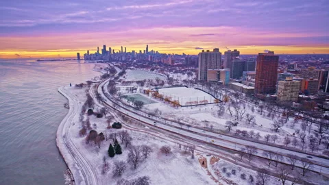 Sweeping drone aerial of Chicago’s Loop at dawn in the winter season. Stock Footage 332142952