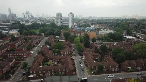 Sweeping drone footage of South London, England, (Battersea) during daytime Stock Footage