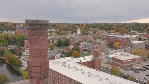 Sweeping Drone Shot Over Old Mill Building In Downtown Dover New Hampshire Video stock 128194051