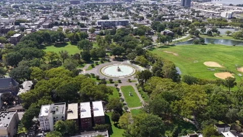 Sweeping Drone View of Jersey City Park Fountain and Baseball Fields Stock Footage 346646587