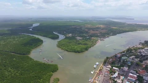 Sweeping drone view of Krabi old town and flowing river, Thailand Stock Footage 303497890