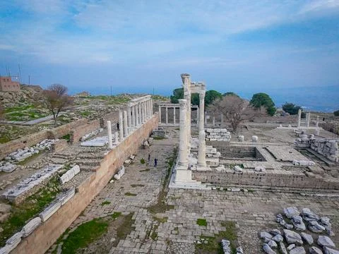Sweeping drone view of Temples of Trajan, Dionysus, Athena, legacy of Attal.. Stock Photos