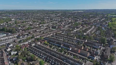 Sweeping Fly-Over Vast British Terraced Housing Suburb [4K] Stock Footage 335820566