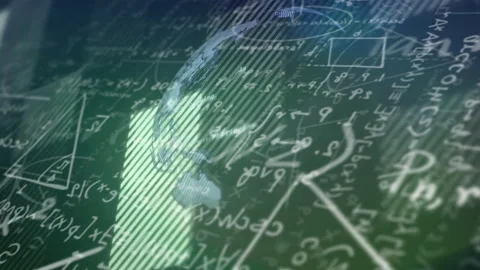 Sweeping formula chalkboard initiating floating nodes drifting into rotating Stock Footage 314174649