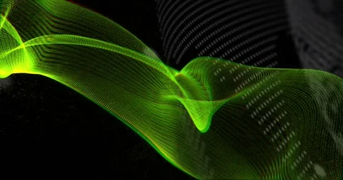 Sweeping glowing neon-green ribbon mesh twisting across dark void with binary Stock Footage 331125331