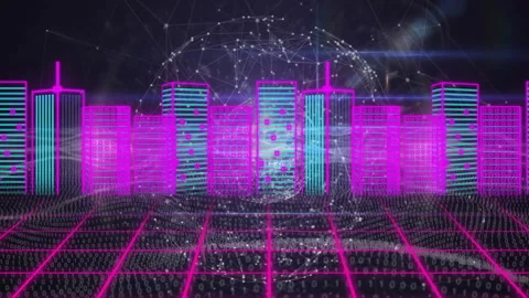 Sweeping grid triggers neon skyline rising, binary code swirling and globe Stock Footage 311884334