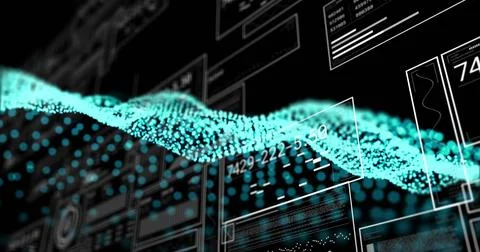 Sweeping luminous turquoise point cloud wave arcing across virtual dashboard 写真素材