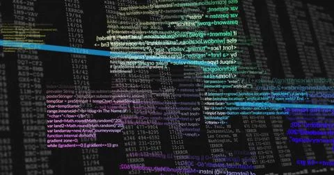 Sweeping multicolored curved code ribbons traversing dark console display with Illustrazione stock