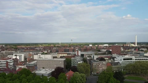 Sweeping orbit above the cathedral and old town roofs Stock Footage 331898873