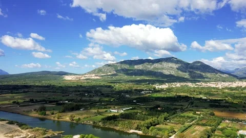 A sweeping panoramic aerial view of the town of Orosei in Sardinia, Italy. Stock Footage 346664802