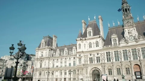 Sweeping Panoramic Pan Right Hotel De Ville Paris City Hall Front Facade France Stock Footage 92531978