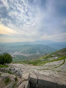 Sweeping panoramic view of Pergamon Acropolis, a legacy of the Attalid Dyna.. Stock Photos