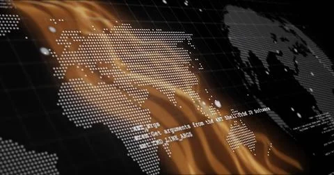 Sweeping stylized dotted world map displaying flame effect overlay on dark grid, Stock Photos