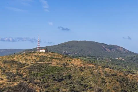 A sweeping view of the sun-drenched Serra da Arrbida mountains near Setubal Stock Photos