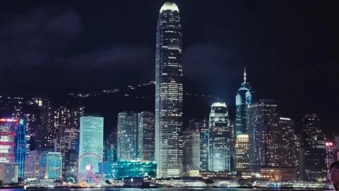 A sweeping view of the vibrant and dynamic Hong Kong skyline at night Stock Footage 338265150