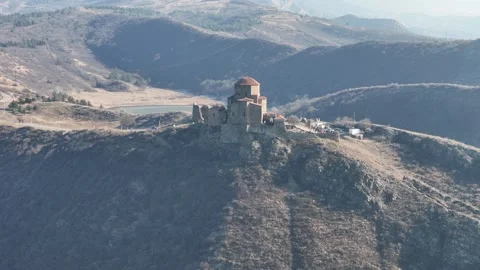 Sweeping Winter Landscape with Jvari Monastery Stock Footage 296190951