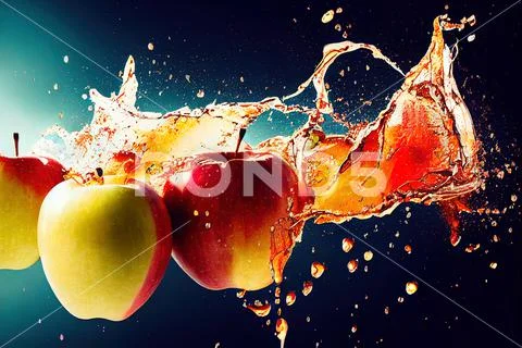 Sweet apple golden juice explosion, splash through flying fruits ...