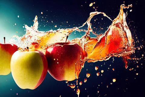Sweet apple golden juice explosion, splash through flying fruits. Nectar, ext Stock Illustration