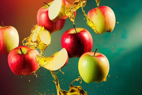 Sweet apple golden juice explosion, splash through flying fruits. Nectar, ext Stock Illustration