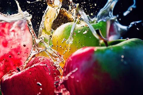Sweet apple golden juice explosion, splash through flying fruits. Nectar, ext Stock Illustration