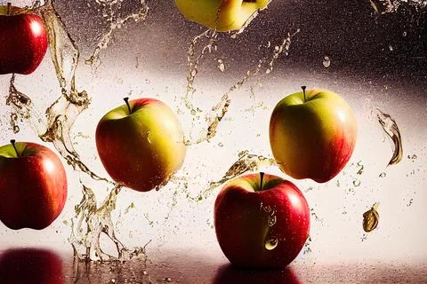 Sweet apple golden juice explosion, splash through flying fruits. Nectar, ext Stock Illustration
