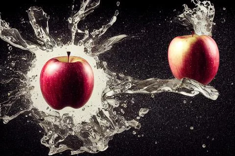 Sweet apple golden juice explosion, splash through flying fruits. Nectar, ext Stock Illustration