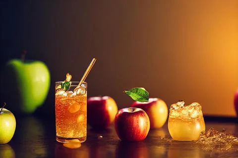 Sweet apple golden juice explosion, splash through flying fruits. Nectar, ext Stock Illustration