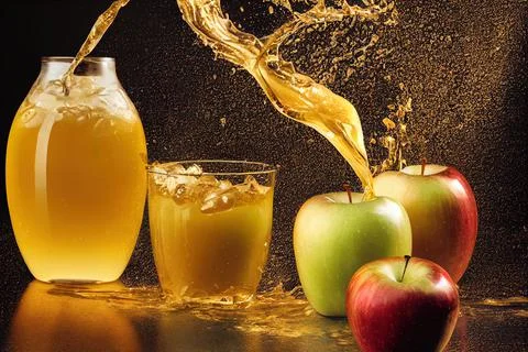 Sweet apple golden juice explosion, splash through flying fruits. Nectar, ext Stock Illustration