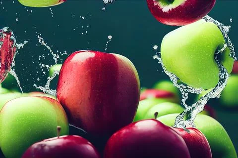 Sweet apple golden juice explosion, splash through flying fruits. Nectar, ext Stock Illustration