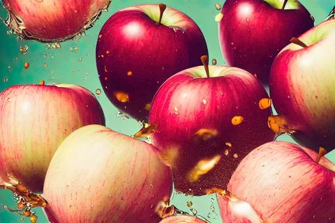 Sweet apple golden juice explosion, splash through flying fruits. Nectar, ext Stock Illustration