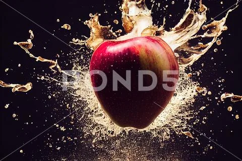 Sweet apple golden juice explosion, splash through flying fruits ...