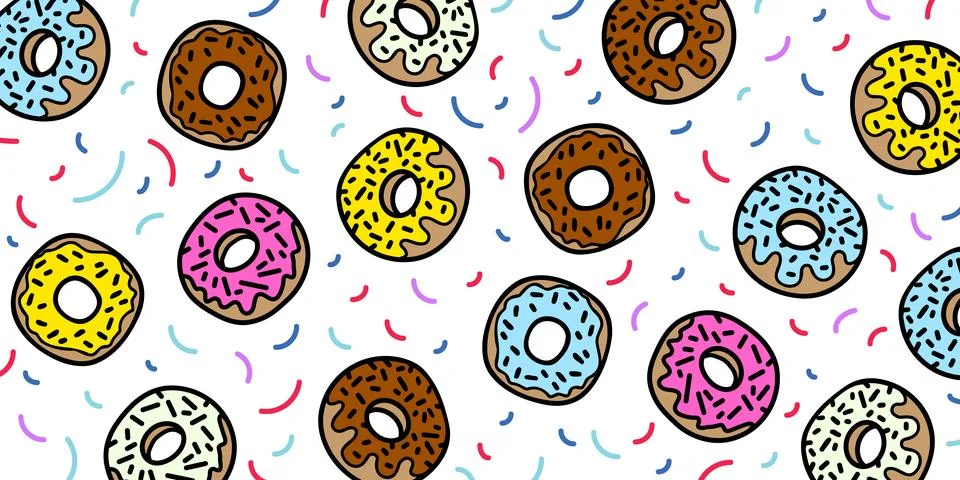 Sweet background with donuts illustration. Pattern of cartoon donuts vector  Stock Illustration