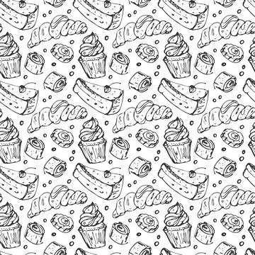 Sweet bakery, cakes seamless pattern. Hand drawn ink brush design, doodle Illustrazione stock