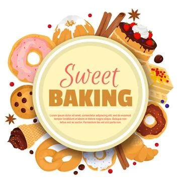 Sweet baking round poster template with tasty desserts design Stock Illustration