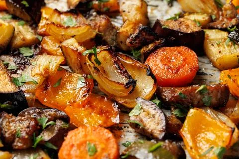 Sweet Balsamic Roasted Vegetables on Baking Sheet Stock Photos