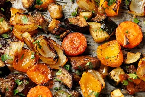 Sweet Balsamic Roasted Vegetables on Baking Sheet Stock Photos