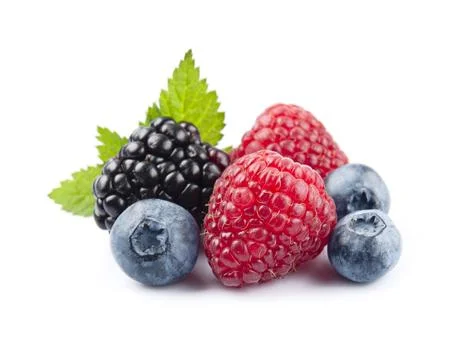 Sweet berries on white backgrounds. Raspberry, blueberries and blackberry o.. Stock Photos